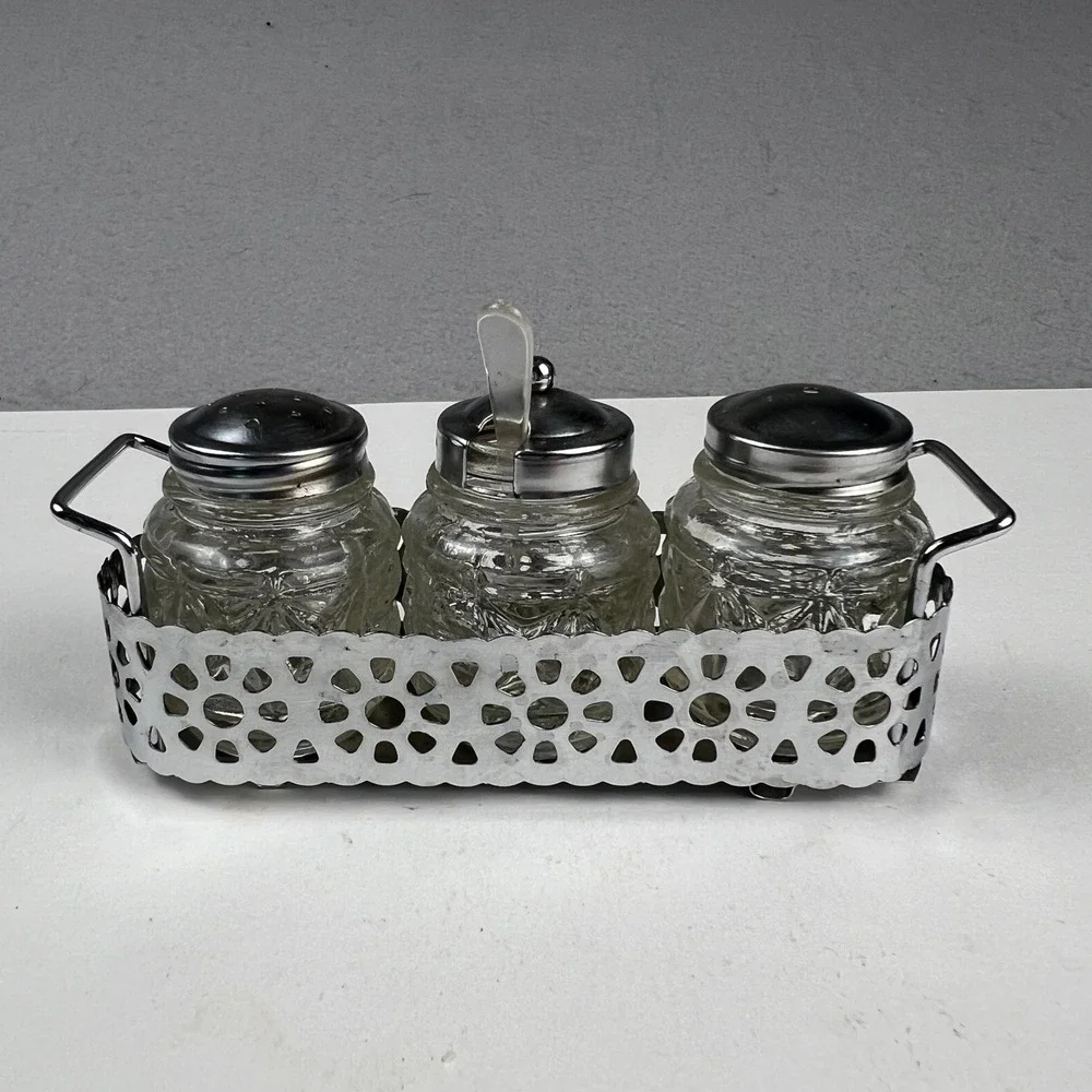 Vintage Condiment Set Glass Jars Metal Caddy Silver Clear Mid Century Tableware
